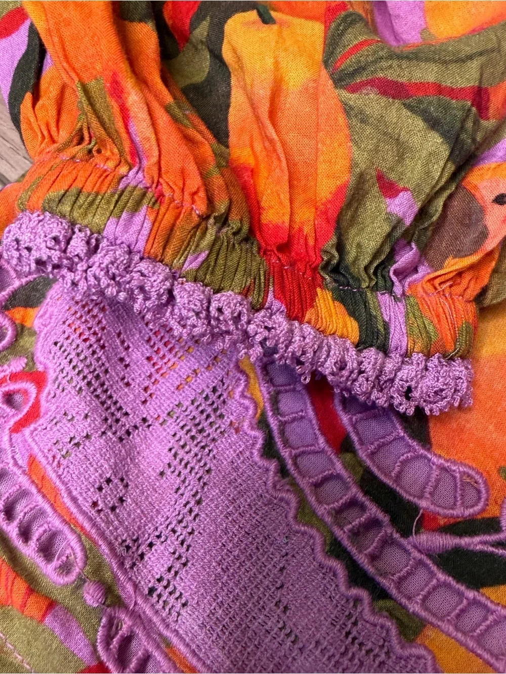 Mango Macaws Smocked Puff-Sleeve Blouse  purple lace square neck floral brocade